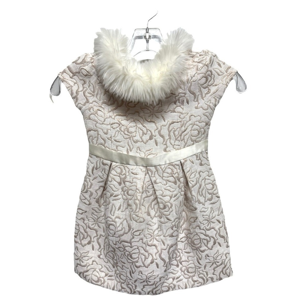 Janie and Jack Pink Rose Gold Holiday Dress Jacquard Ivory Fur Collar Size 4
